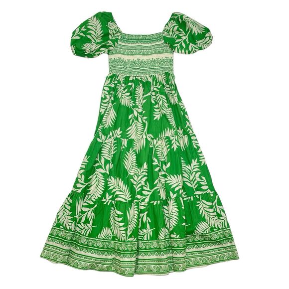 Aura the Label Maxi Dress Small Kelly Green Floral Puff Sleeve Vacation Resort
